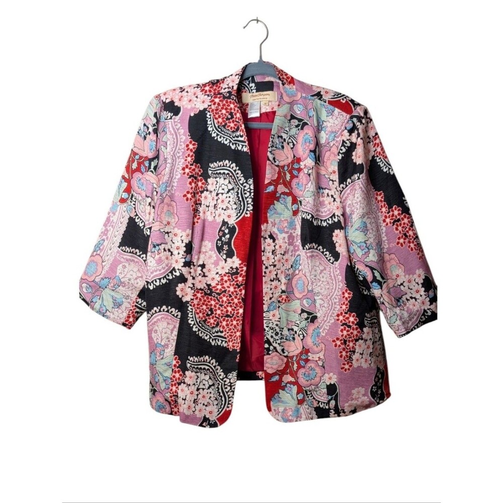Norm Thompson Floral Paisley Open Front Jacket Pink Red Silk Blend Plus size 1X